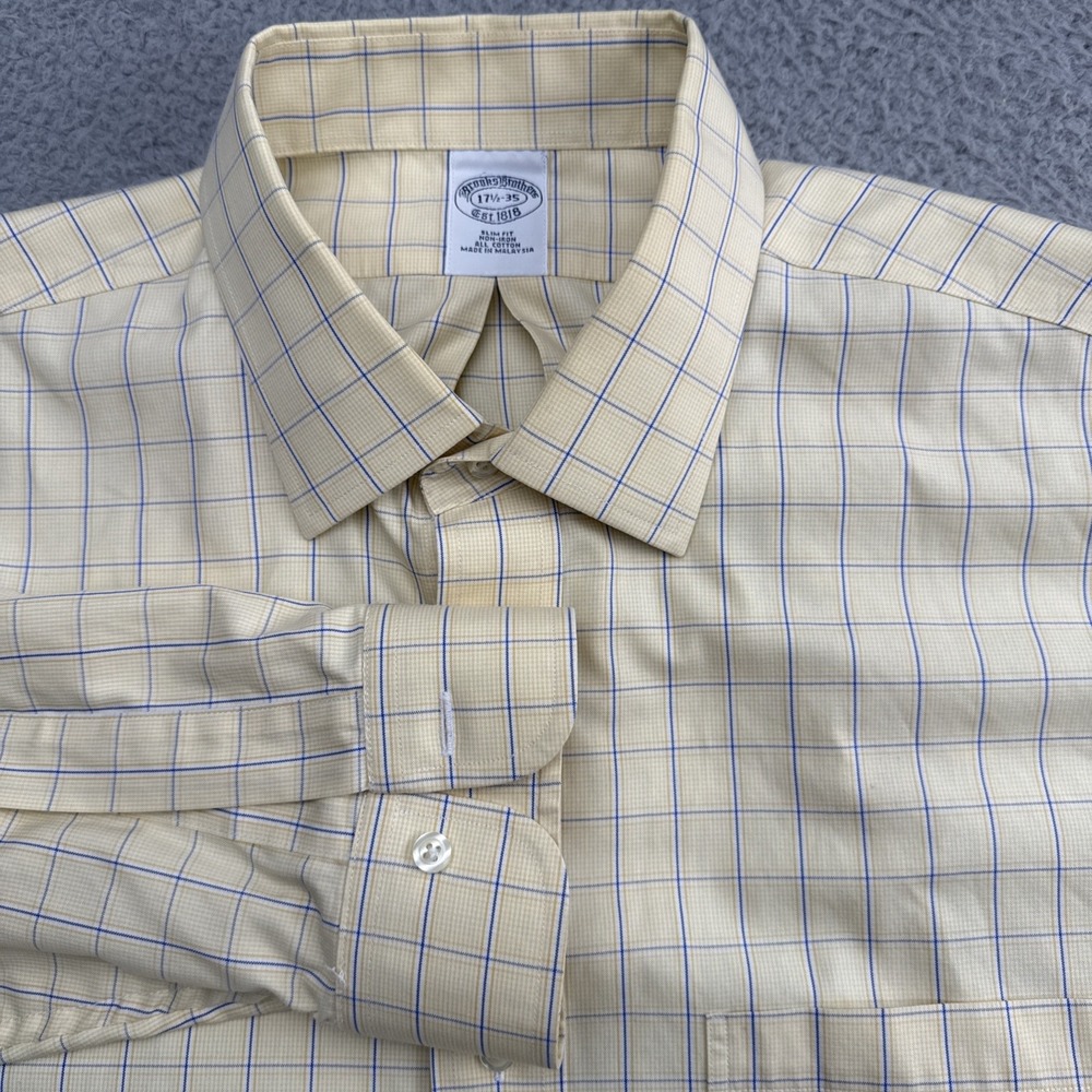 Brooks Brothers Dress Shirt Mens 17.5 35 Yellow Check Slim Fit Non Iron ButtonUp